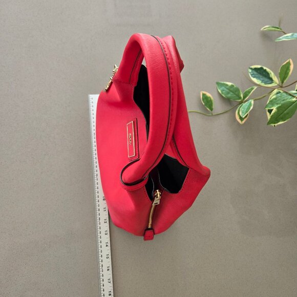 DKNY Red Genuine Leather Zip Side Tote Bag with Pouch Black Interior Gold Logo - Picture 12 of 17